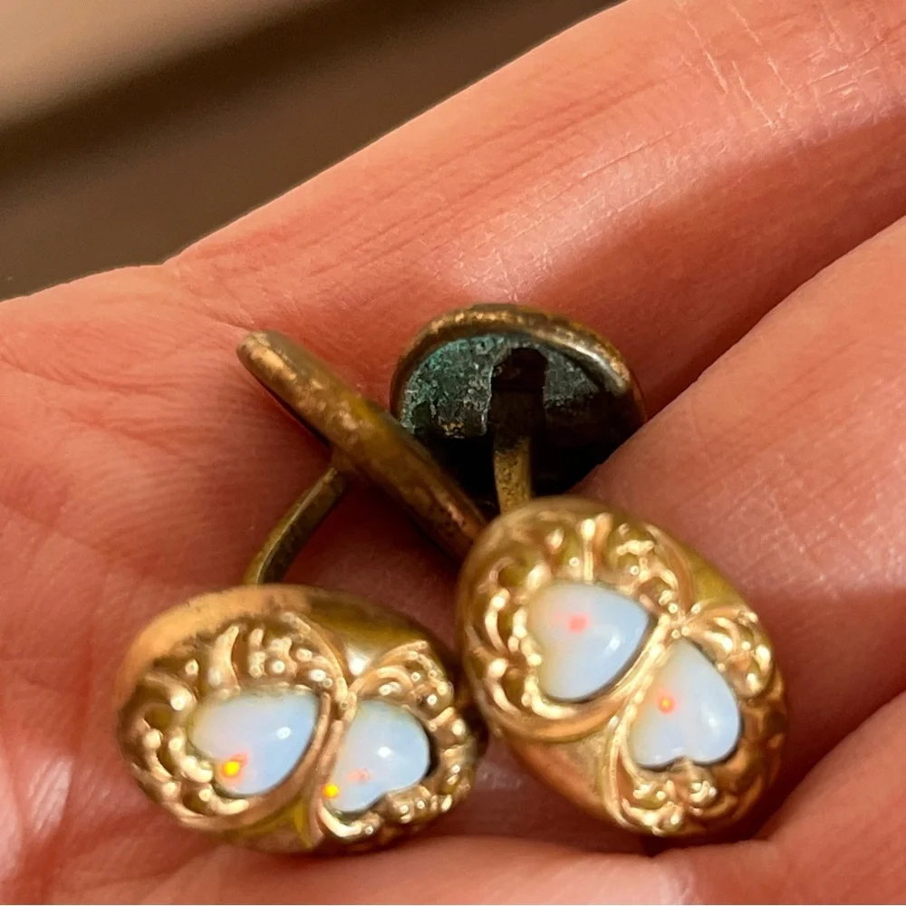 Antique Victorian Rolled Rose Gold Art deco double Opal Heart Cuff links
